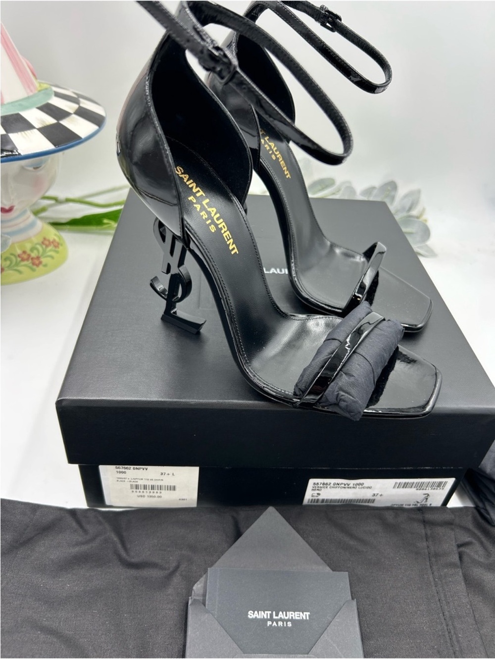 Saint Laurent YSL  Black Patent  Opyum Logo-Heel Ankle-Strap Sandals. Size 37.5 - Picture 3 of 10